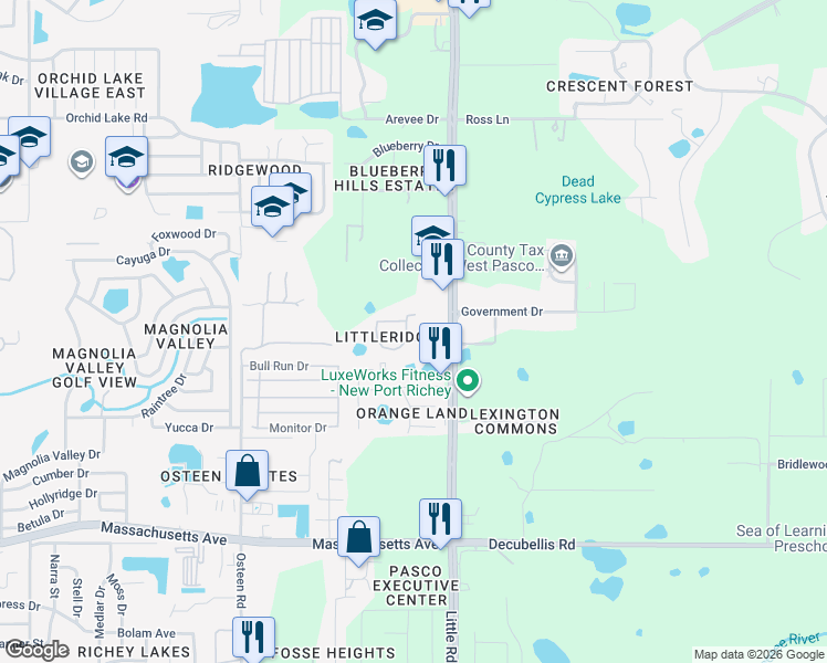 map of restaurants, bars, coffee shops, grocery stores, and more near 7500 Red Mill Circle in New Port Richey