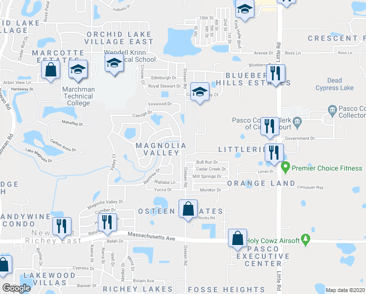 map of restaurants, bars, coffee shops, grocery stores, and more near 7452 Sequoia Drive in New Port Richey