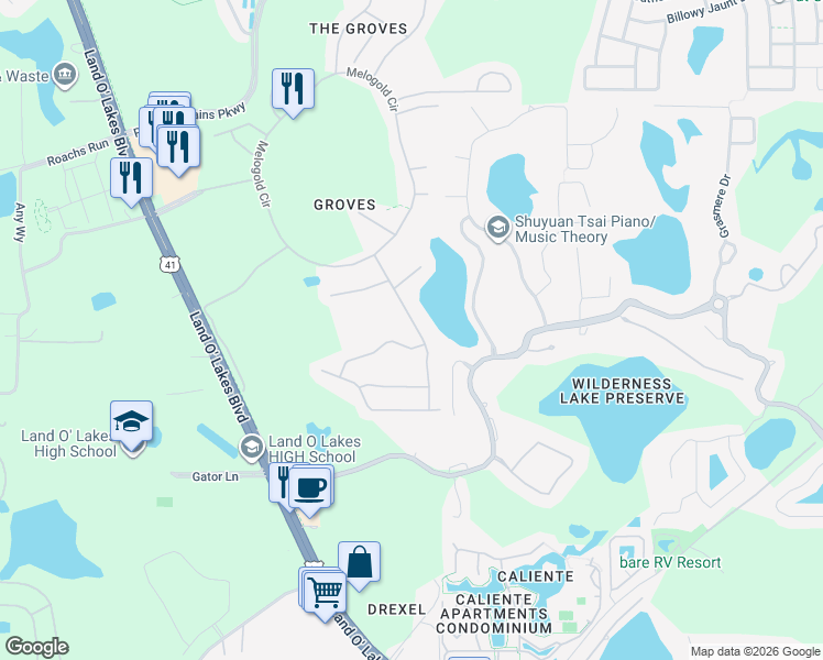 map of restaurants, bars, coffee shops, grocery stores, and more near 7441 Trovita Road in Land O' Lakes