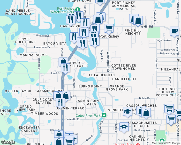 map of restaurants, bars, coffee shops, grocery stores, and more near 5531 Manatee Point Drive in New Port Richey