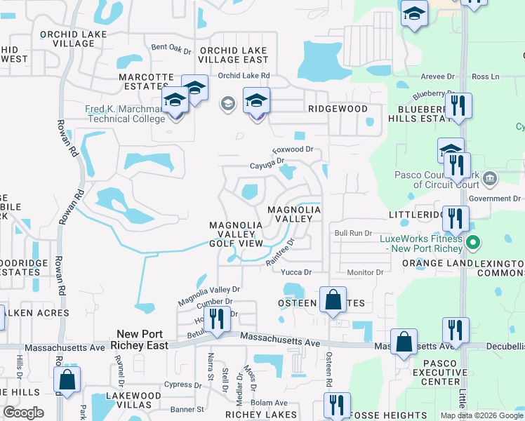 map of restaurants, bars, coffee shops, grocery stores, and more near 7715 Cherrytree Lane in New Port Richey