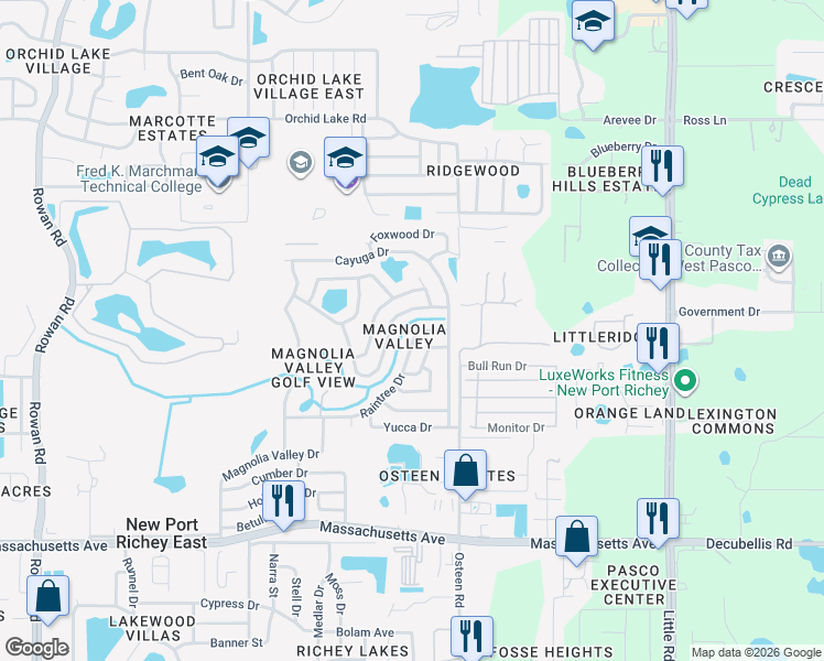 map of restaurants, bars, coffee shops, grocery stores, and more near 7891 Raintree Drive in New Port Richey