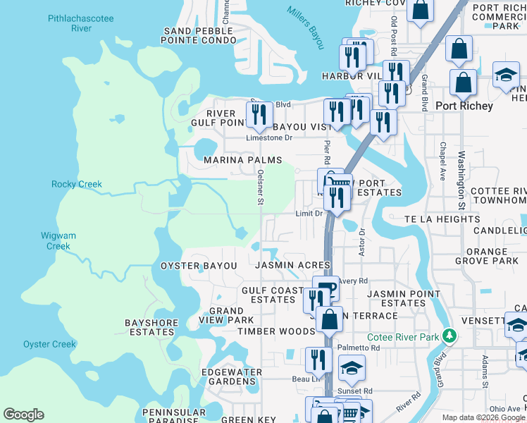 map of restaurants, bars, coffee shops, grocery stores, and more near in Port Richey