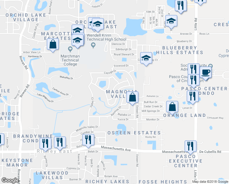 map of restaurants, bars, coffee shops, grocery stores, and more near 7454 Holly Lake Lane in New Port Richey