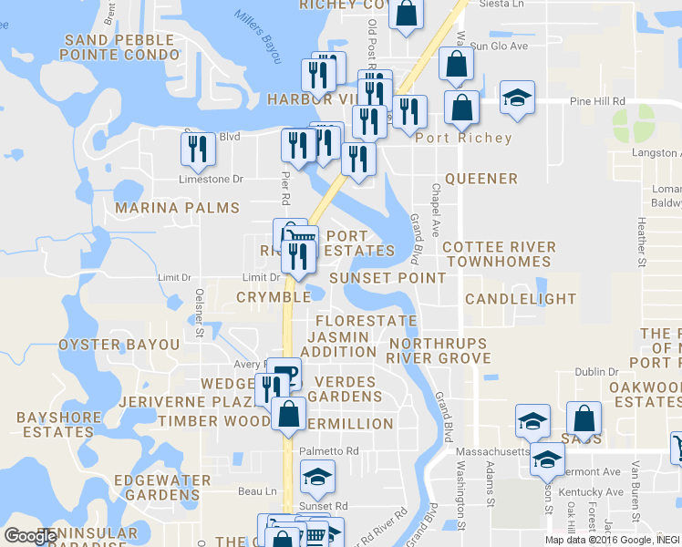 map of restaurants, bars, coffee shops, grocery stores, and more near 7502 Astor Dr in New Port Richey