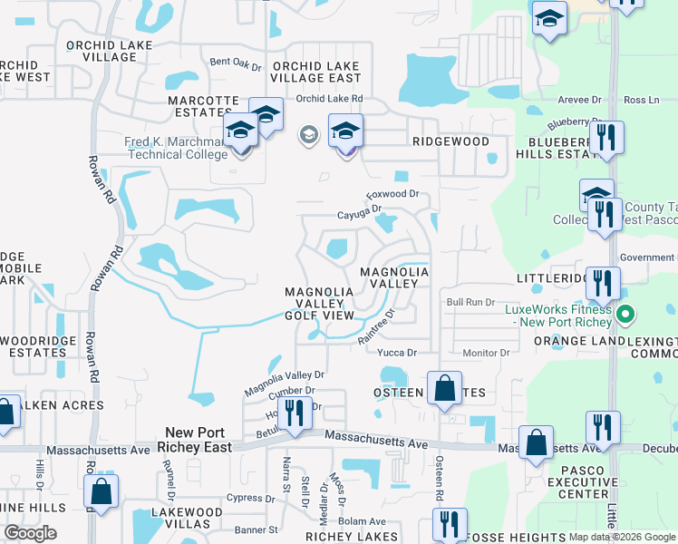 map of restaurants, bars, coffee shops, grocery stores, and more near 7706 Cherrytree Lane in New Port Richey