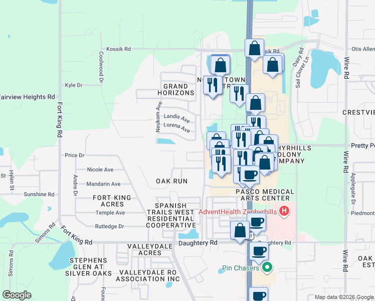 map of restaurants, bars, coffee shops, grocery stores, and more near 37728 Oak Run Circle in Zephyrhills