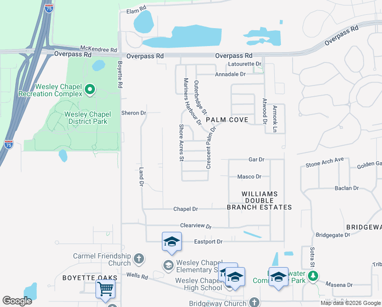 map of restaurants, bars, coffee shops, grocery stores, and more near 30332 Princess Bay Drive in Wesley Chapel