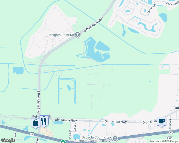 map of restaurants, bars, coffee shops, grocery stores, and more near 1401 South Poinciana Boulevard in Kissimmee