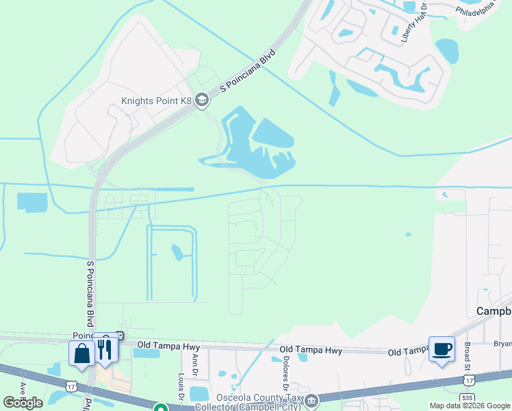 map of restaurants, bars, coffee shops, grocery stores, and more near S Rail Ave in Kissimmee