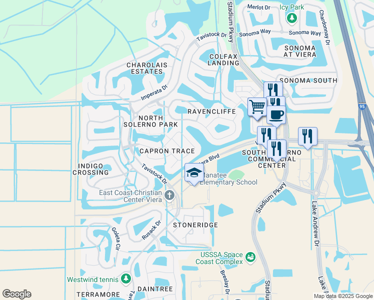 map of restaurants, bars, coffee shops, grocery stores, and more near 5395 Buckboard Drive in Rockledge