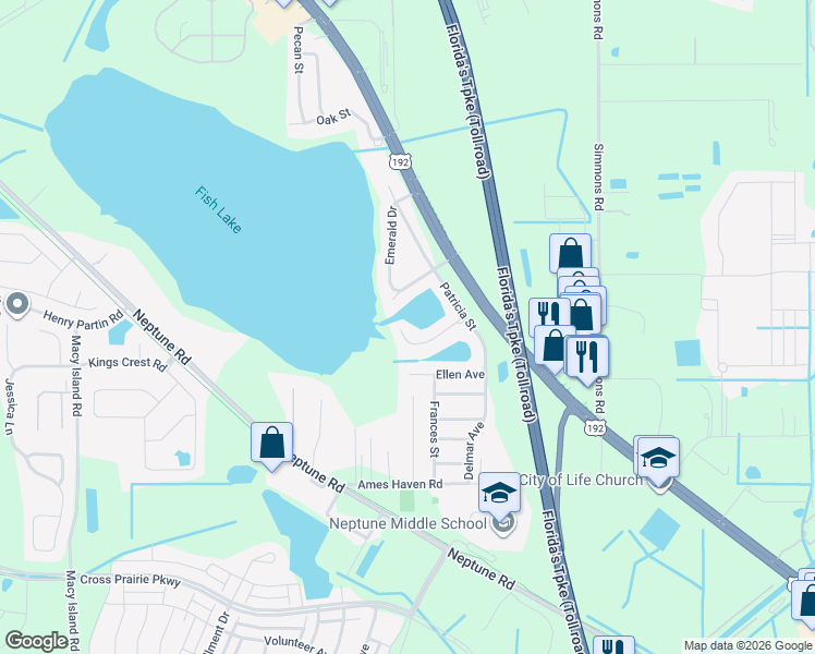 map of restaurants, bars, coffee shops, grocery stores, and more near 2601 Emerald Lake Court in Kissimmee