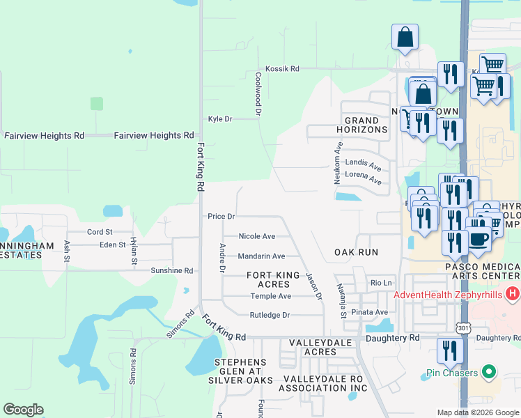 map of restaurants, bars, coffee shops, grocery stores, and more near 37213 Price Drive in Zephyrhills