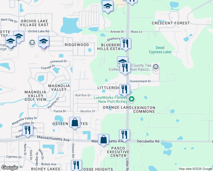 map of restaurants, bars, coffee shops, grocery stores, and more near 7610 Red Mill Circle in New Port Richey