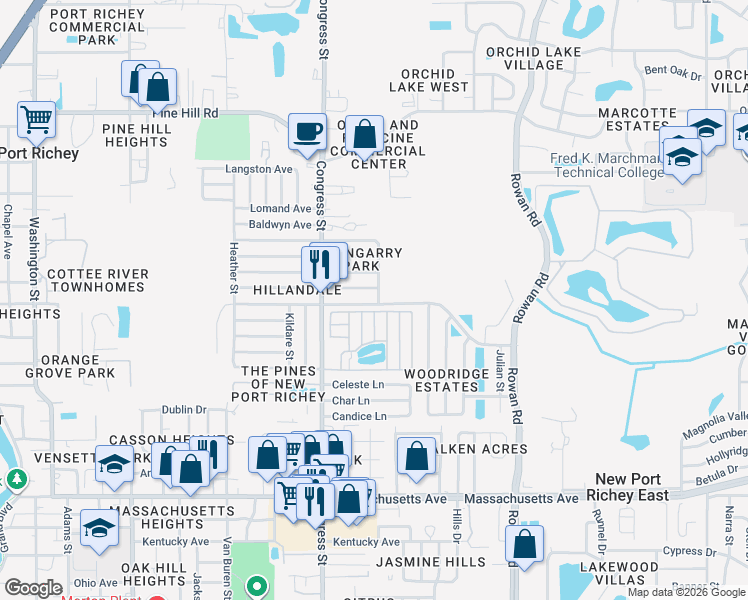 map of restaurants, bars, coffee shops, grocery stores, and more near 6621 Bandura Avenue in New Port Richey