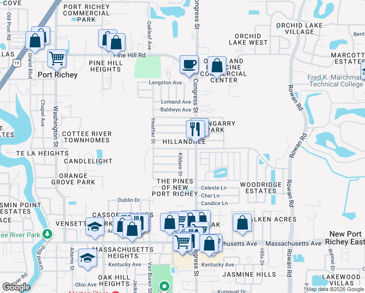 map of restaurants, bars, coffee shops, grocery stores, and more near 6417 Bandura Avenue in New Port Richey