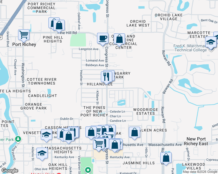 map of restaurants, bars, coffee shops, grocery stores, and more near 7510 Congress Street in New Port Richey