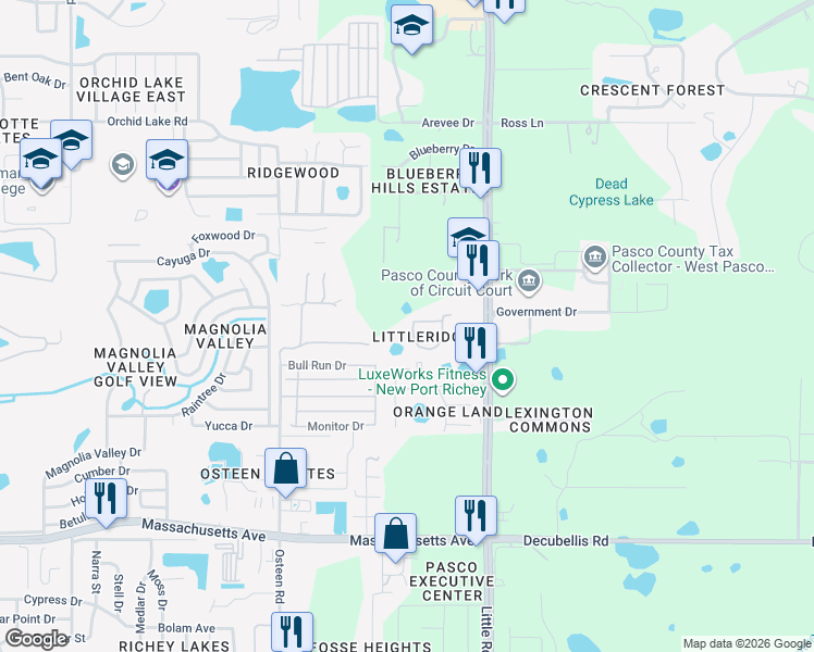 map of restaurants, bars, coffee shops, grocery stores, and more near 7608 Red Mill Circle in New Port Richey