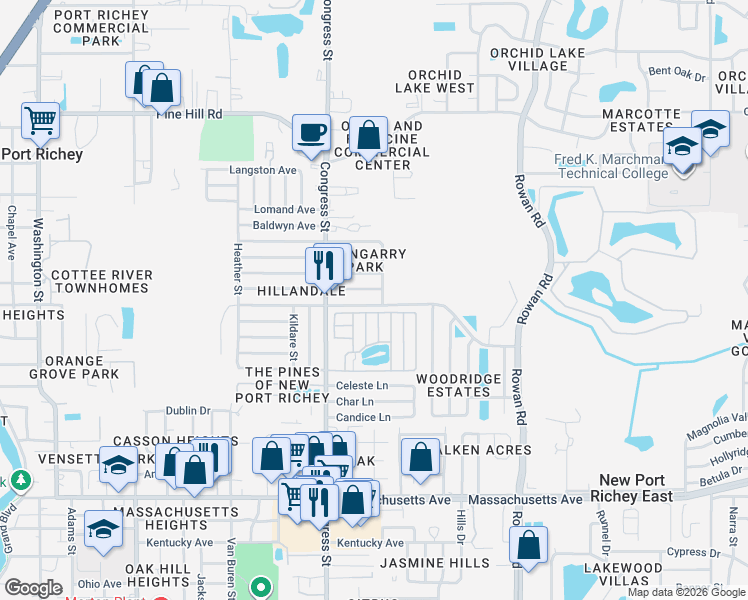 map of restaurants, bars, coffee shops, grocery stores, and more near 6615 Bandura Avenue in New Port Richey