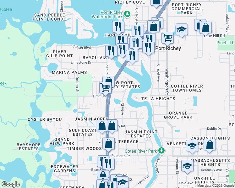 map of restaurants, bars, coffee shops, grocery stores, and more near 5316 Bellview Avenue in New Port Richey