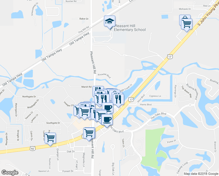 map of restaurants, bars, coffee shops, grocery stores, and more near 3125 Shingle Creek Court in Kissimmee