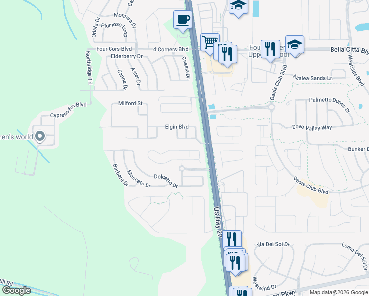 map of restaurants, bars, coffee shops, grocery stores, and more near 525 Corvina Drive in Davenport