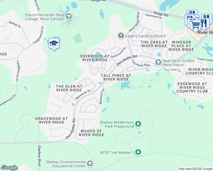 map of restaurants, bars, coffee shops, grocery stores, and more near 7436 Baltusrol Drive in New Port Richey