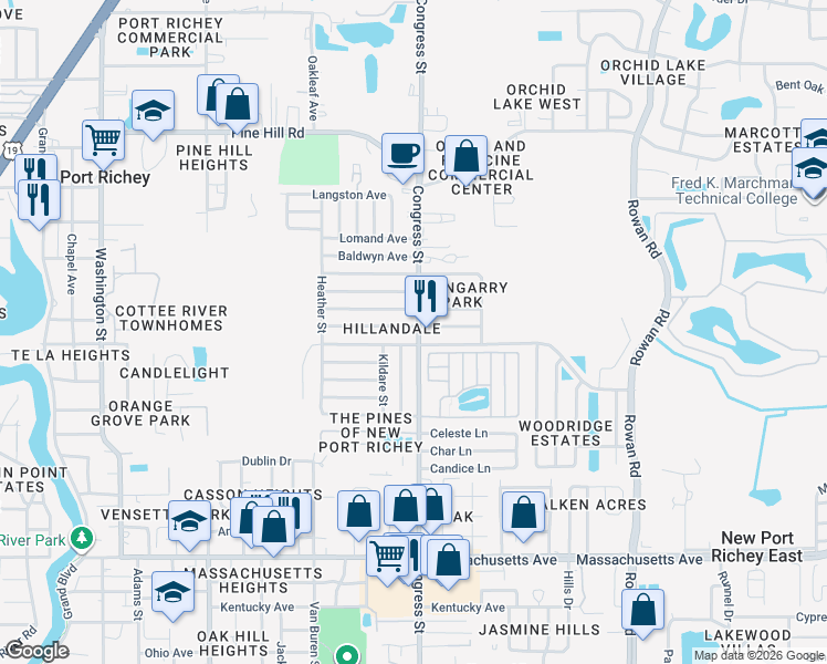 map of restaurants, bars, coffee shops, grocery stores, and more near 7510 Congress Street in New Port Richey