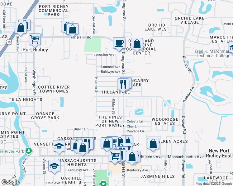 map of restaurants, bars, coffee shops, grocery stores, and more near 6417 Bandura Avenue in New Port Richey