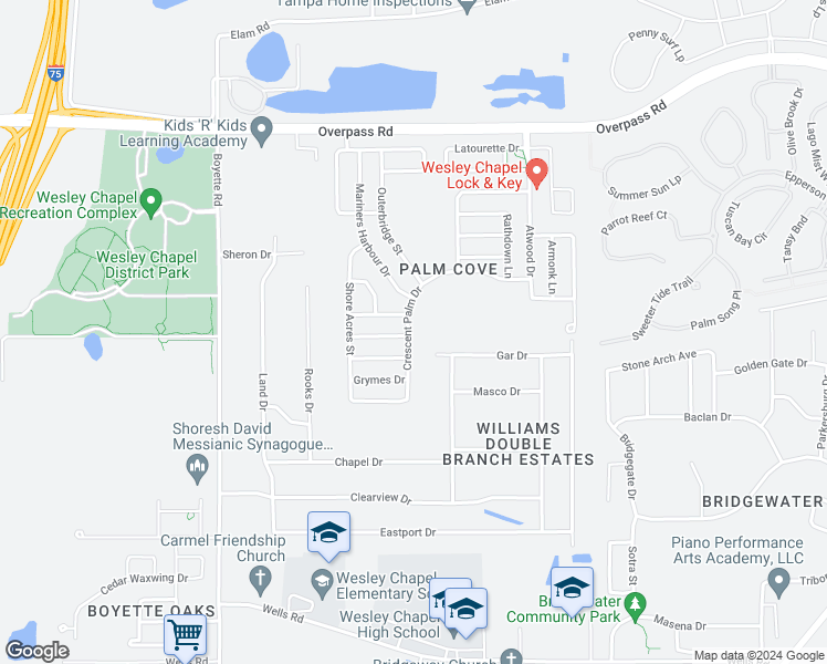 map of restaurants, bars, coffee shops, grocery stores, and more near 7504 Crescent Palm Drive in Wesley Chapel