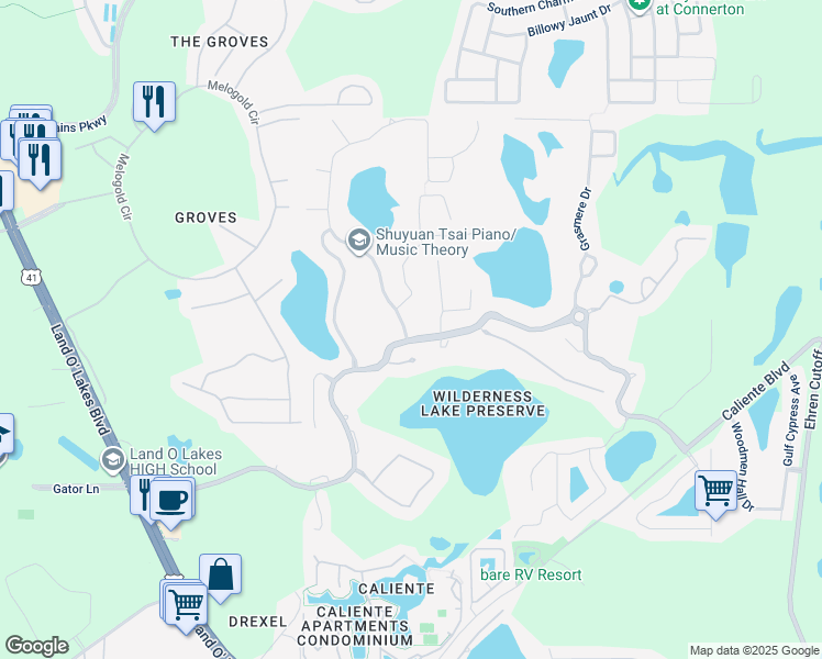 map of restaurants, bars, coffee shops, grocery stores, and more near 7448 Citrus Blossom Drive in Land O' Lakes