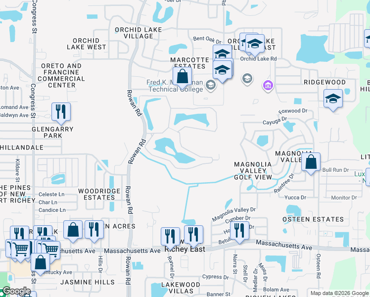 map of restaurants, bars, coffee shops, grocery stores, and more near 7201 Carlton Arms Drive in New Port Richey