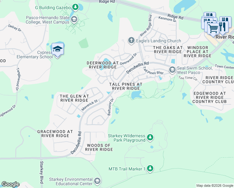 map of restaurants, bars, coffee shops, grocery stores, and more near 10520 Millriver Drive in New Port Richey