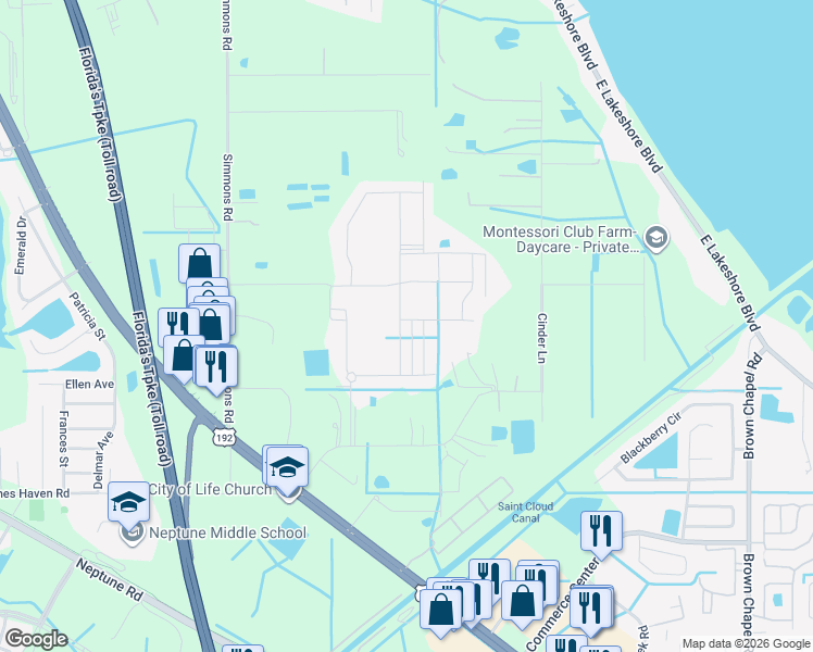 map of restaurants, bars, coffee shops, grocery stores, and more near 3031 Big Sky Boulevard in Kissimmee