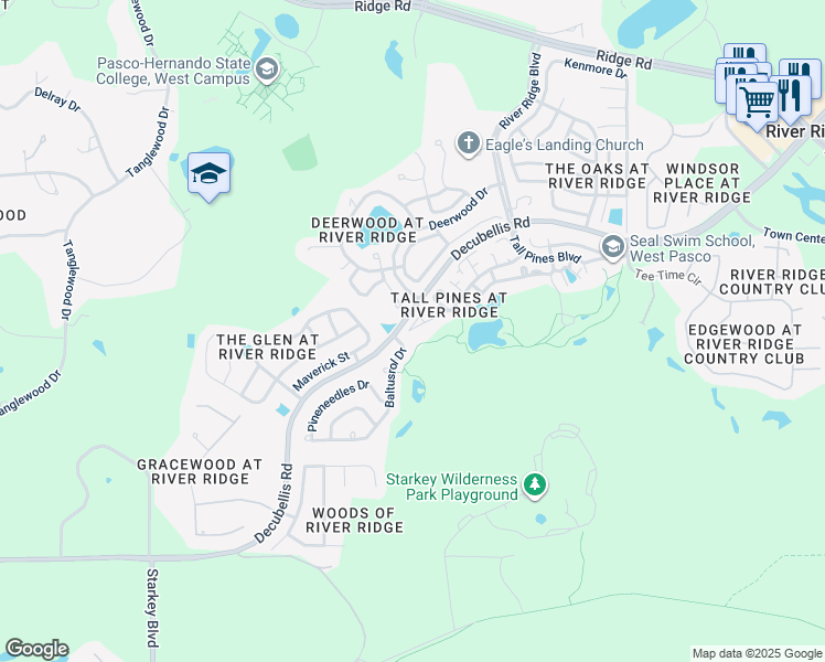 map of restaurants, bars, coffee shops, grocery stores, and more near 10516 Millriver Drive in Port Richey