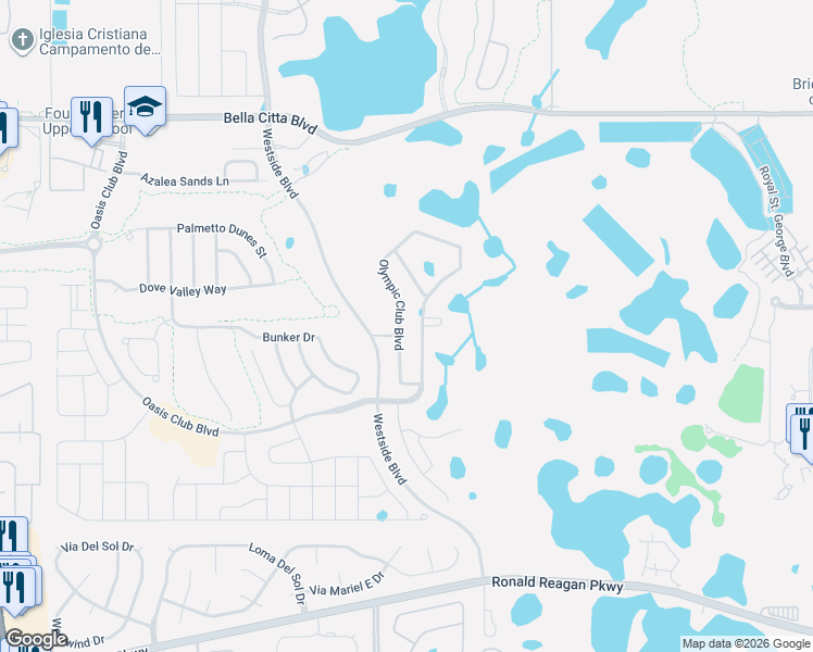 map of restaurants, bars, coffee shops, grocery stores, and more near 1482 Olympic Club Boulevard in Four Corners