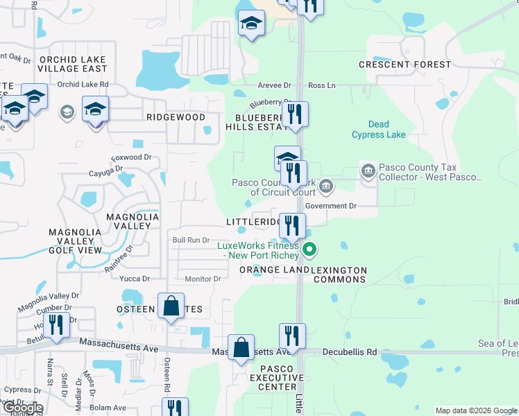 map of restaurants, bars, coffee shops, grocery stores, and more near 7544 Red Mill Circle in New Port Richey