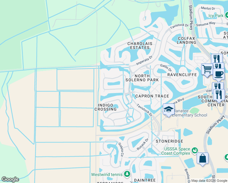 map of restaurants, bars, coffee shops, grocery stores, and more near 5529 Duskywing Drive in Rockledge
