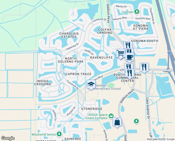 map of restaurants, bars, coffee shops, grocery stores, and more near 5395 Buckboard Drive in Rockledge