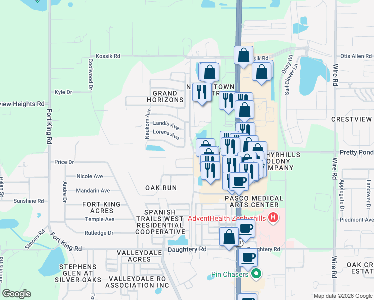 map of restaurants, bars, coffee shops, grocery stores, and more near 37704 Oak Run Circle in Zephyrhills
