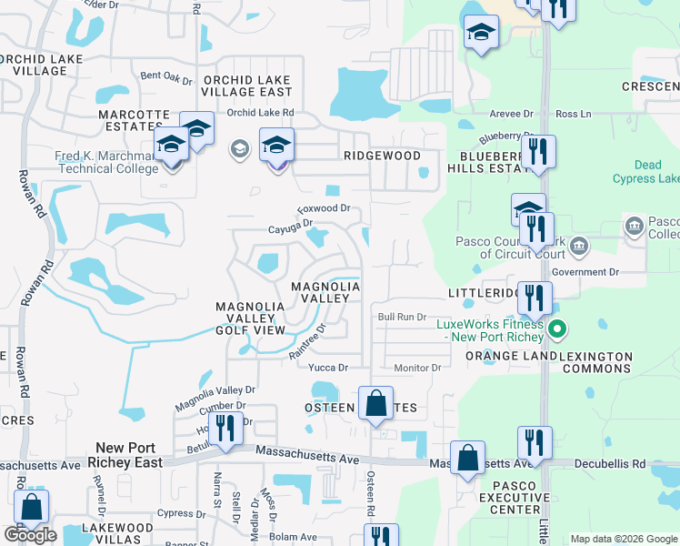 map of restaurants, bars, coffee shops, grocery stores, and more near 7906 Cherrytree Lane in New Port Richey