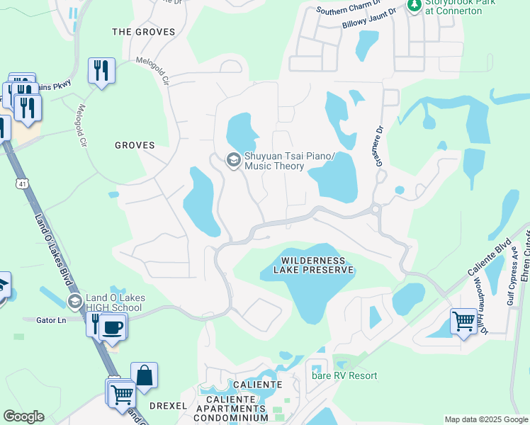 map of restaurants, bars, coffee shops, grocery stores, and more near 7506 Citrus Blossom Drive in Land O' Lakes
