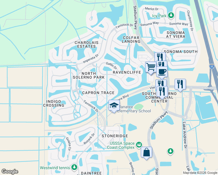 map of restaurants, bars, coffee shops, grocery stores, and more near 5395 Buckboard Drive in Rockledge