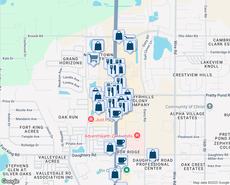 map of restaurants, bars, coffee shops, grocery stores, and more near 7325 Gall Boulevard in Zephyrhills