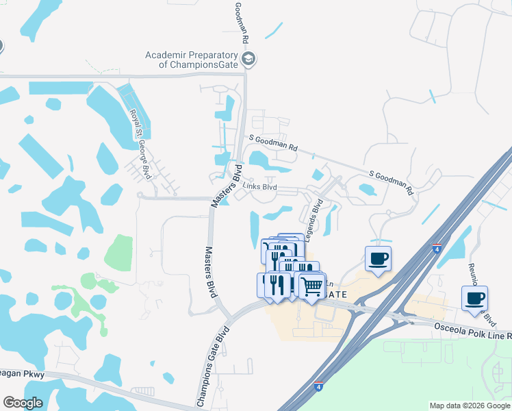 map of restaurants, bars, coffee shops, grocery stores, and more near 8304 Portofino Drive in Davenport