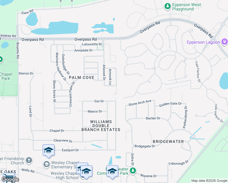 map of restaurants, bars, coffee shops, grocery stores, and more near 7521 Bulls Head Drive in Wesley Chapel