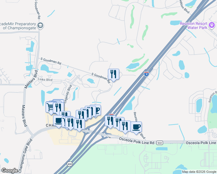 map of restaurants, bars, coffee shops, grocery stores, and more near 8079 Brooksville Drive in Davenport