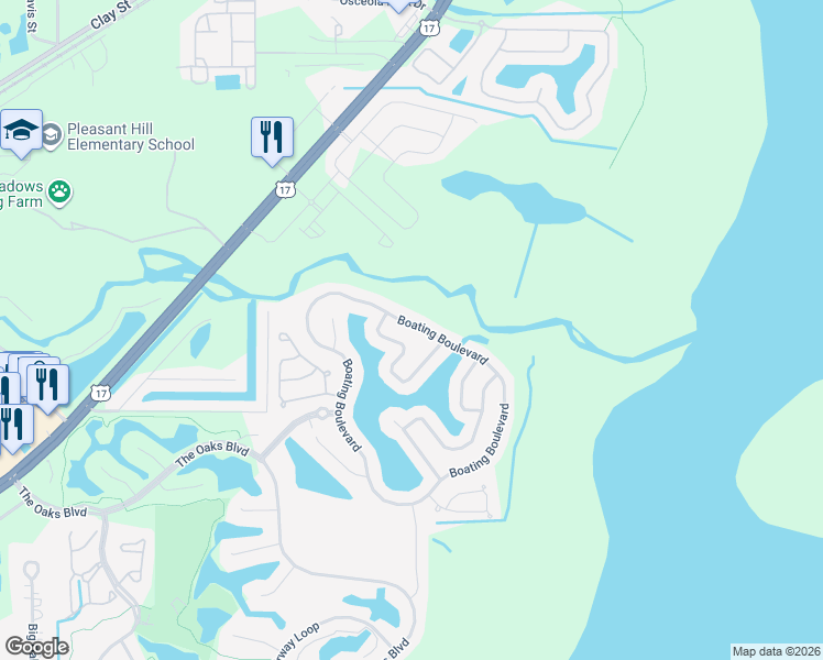 map of restaurants, bars, coffee shops, grocery stores, and more near 2894 Boating Boulevard in Kissimmee