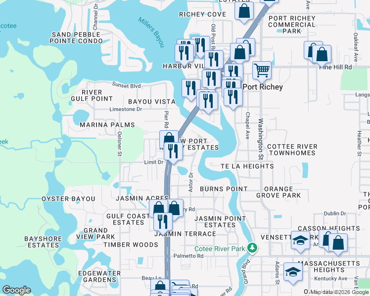map of restaurants, bars, coffee shops, grocery stores, and more near 7542 U.S. 19 in New Port Richey