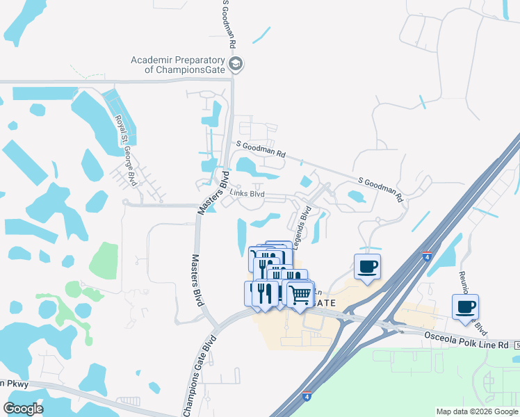 map of restaurants, bars, coffee shops, grocery stores, and more near 8300-8304 Portofino Drive in Kissimmee